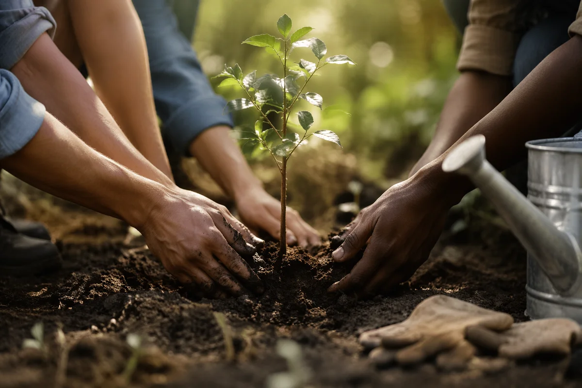 Diverse Hands Planting a Young Tree