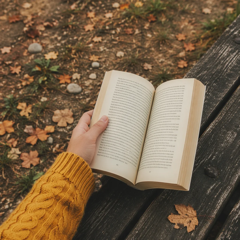 Open Book on Autumn Park Bench
