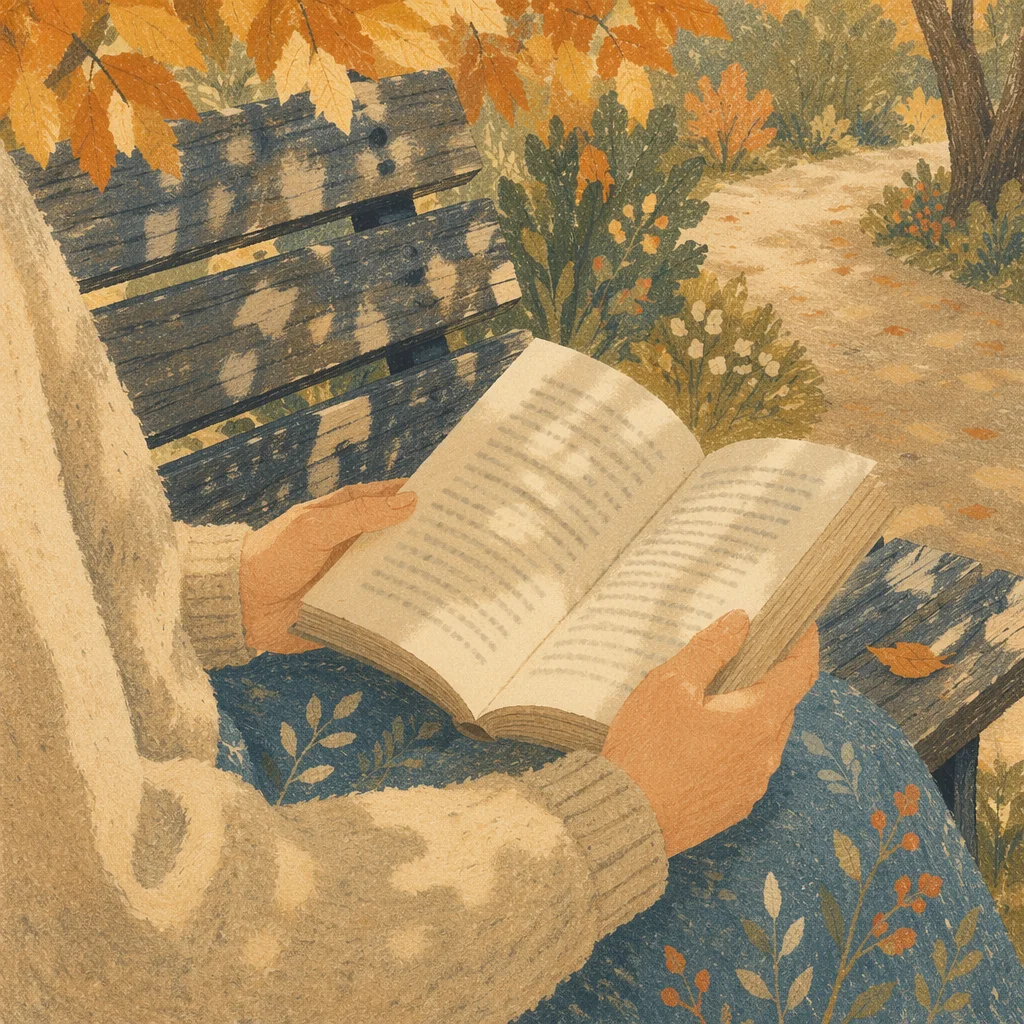 Hands Holding Open Book on Park Bench