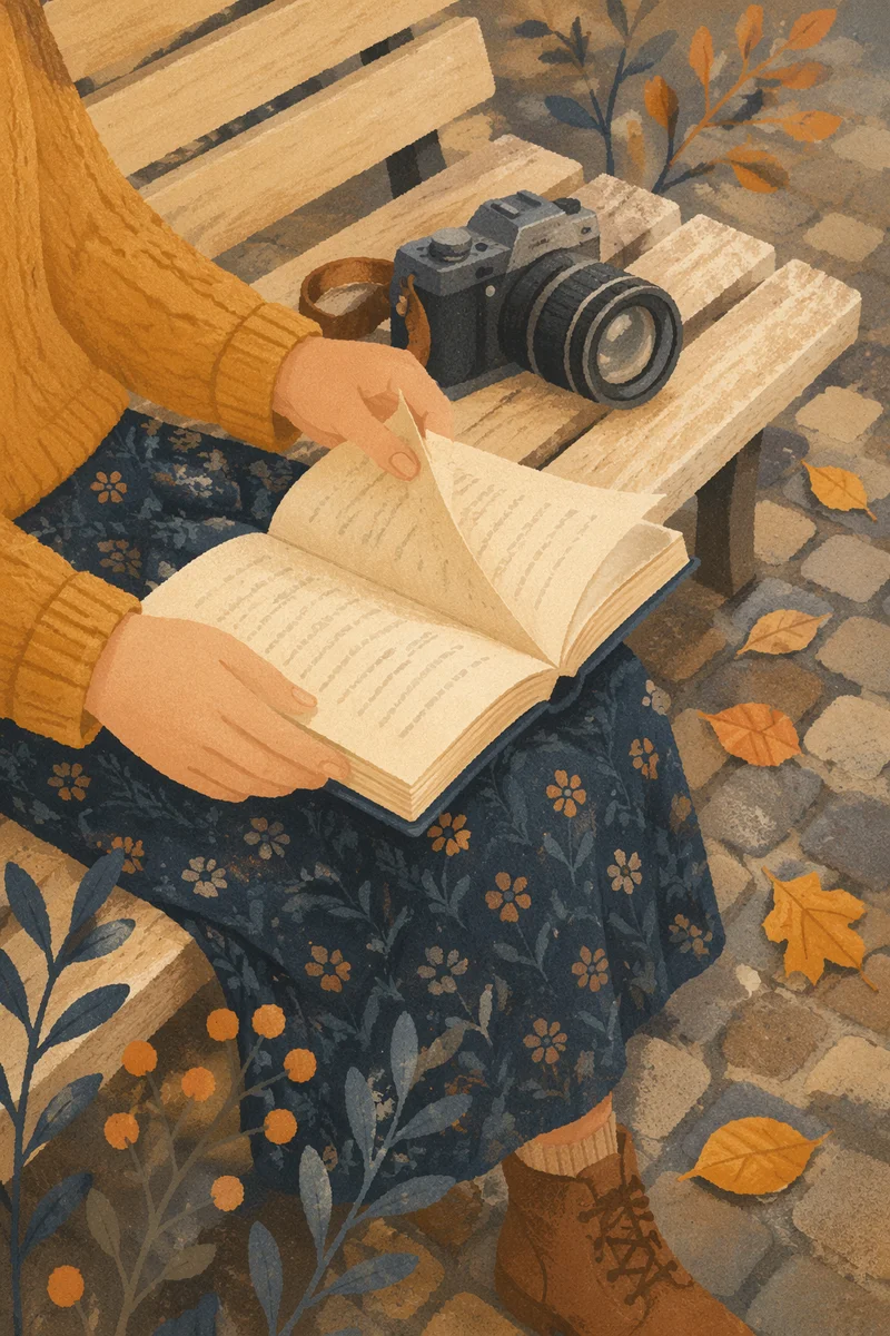 Autumn Reading on Wooden Park Bench