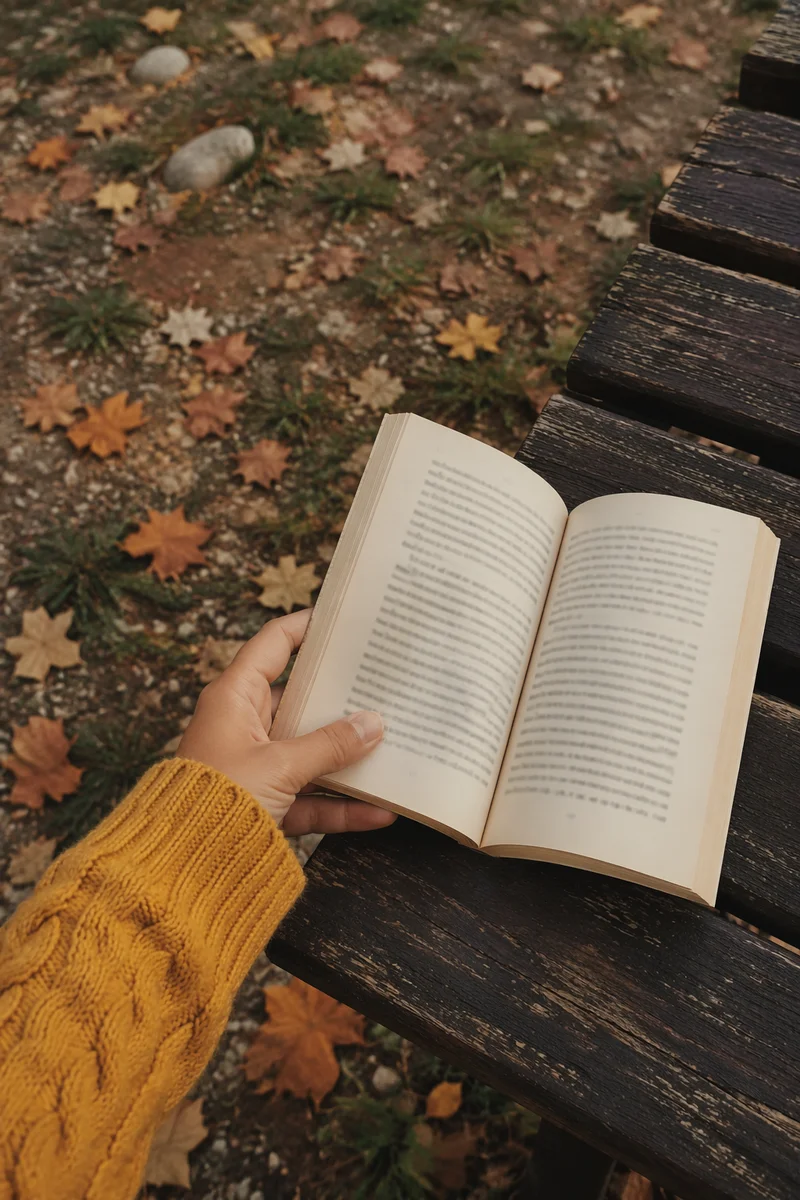 Open Book on Autumn Park Bench