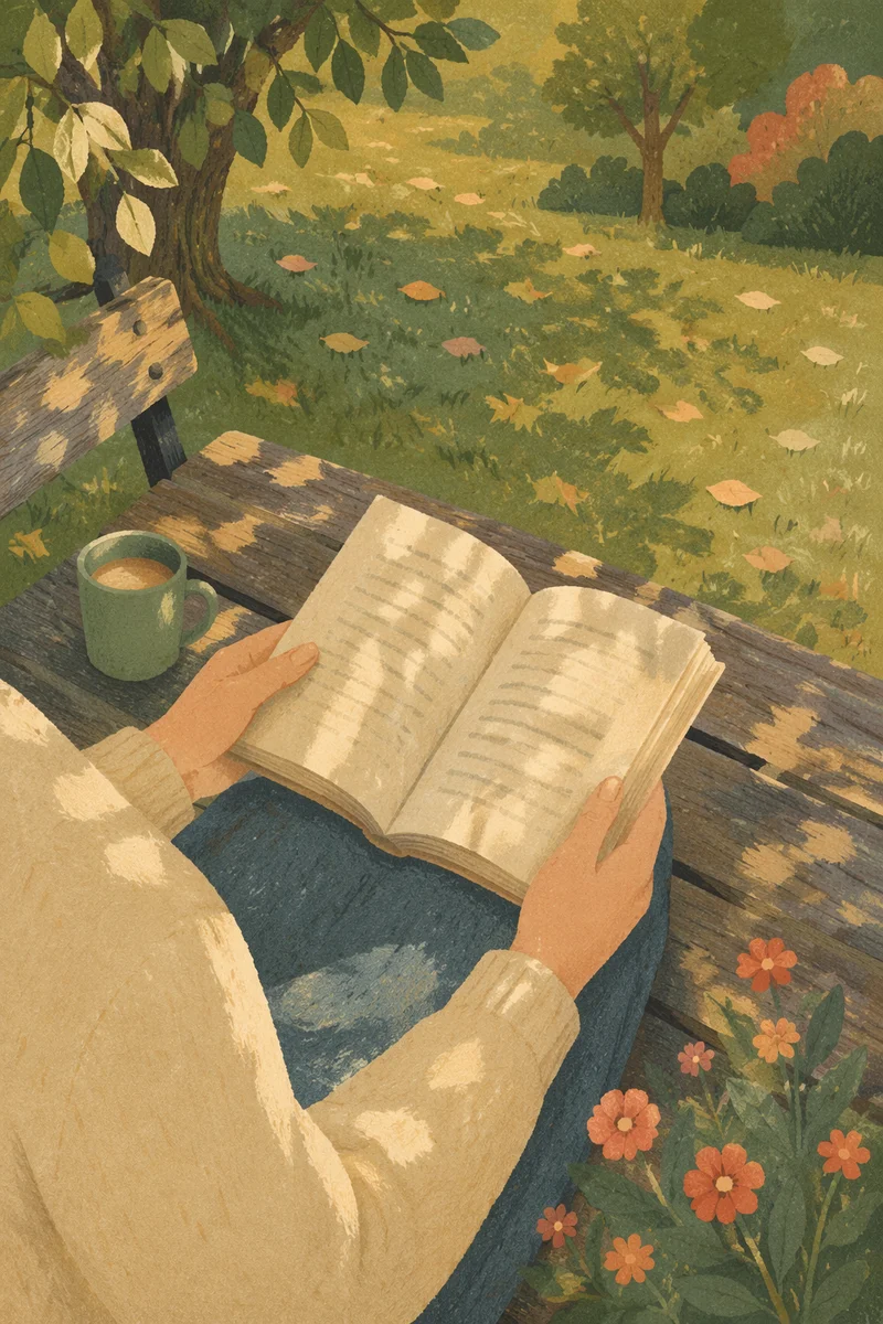 Peaceful Outdoor Reading on Wooden Bench