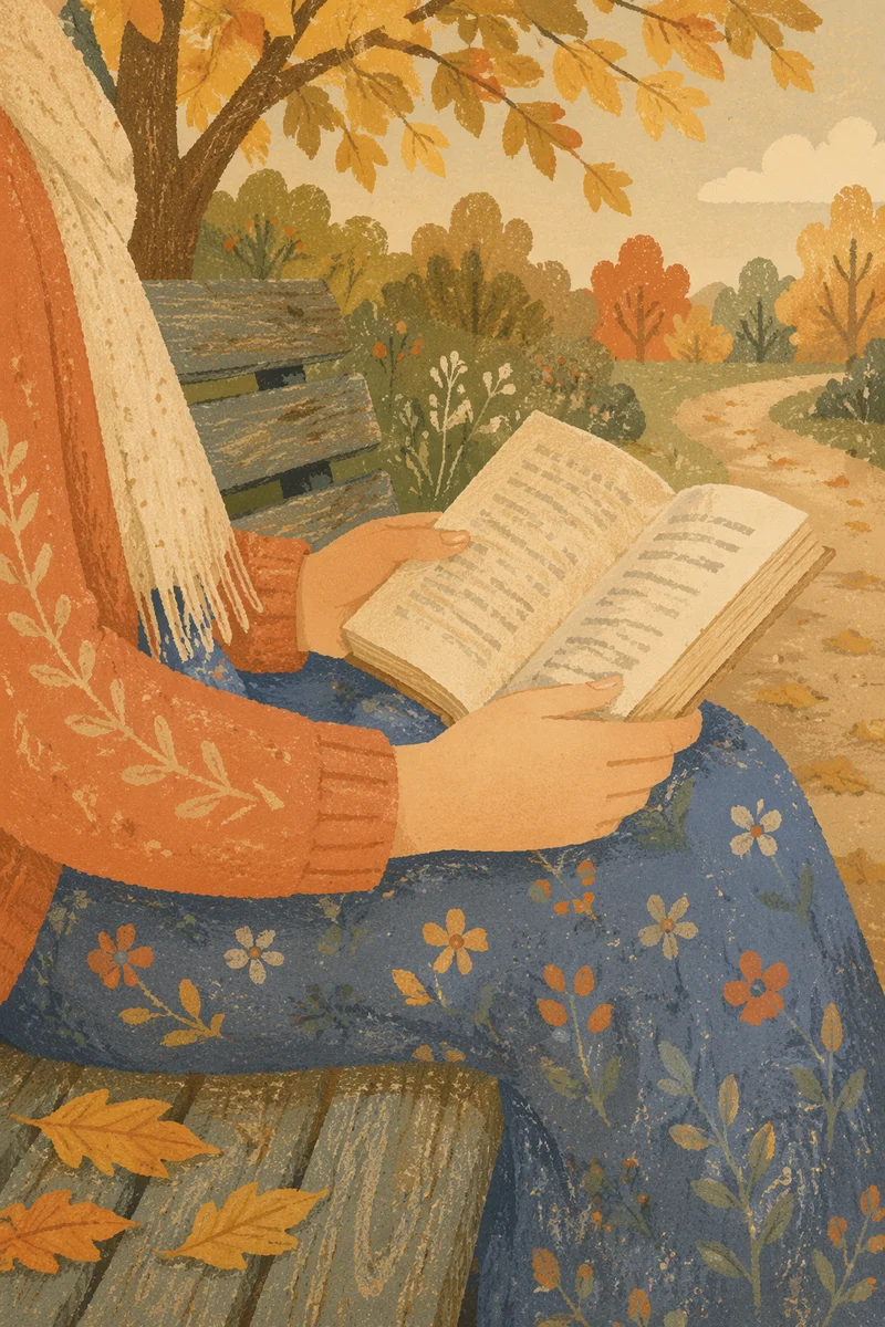 Hands Holding Open Book on Park Bench