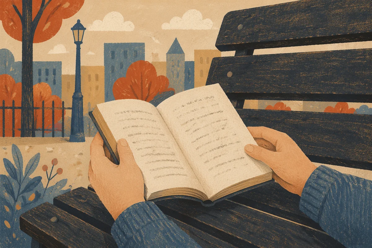 Open Book in Hands on Park Bench