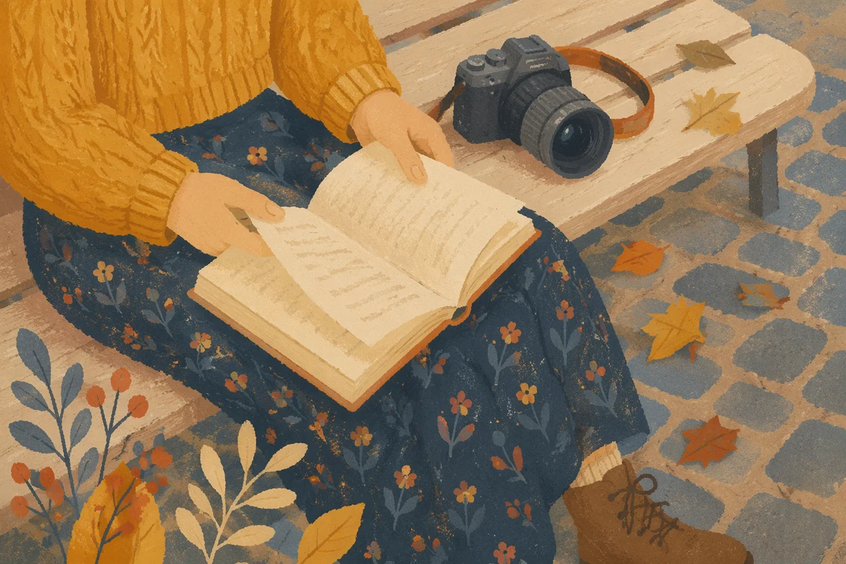 Hands Reading on an Autumn Park Bench