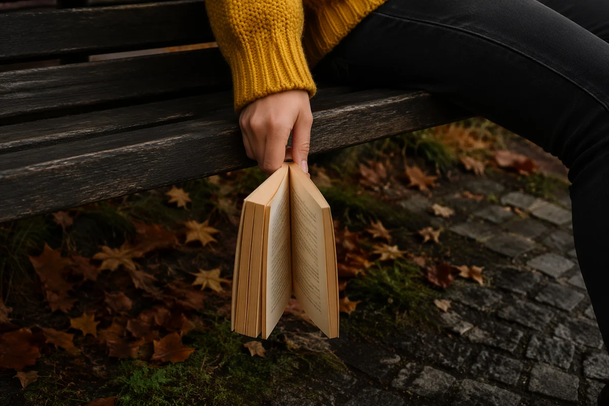 Open Book on Autumn Park Bench