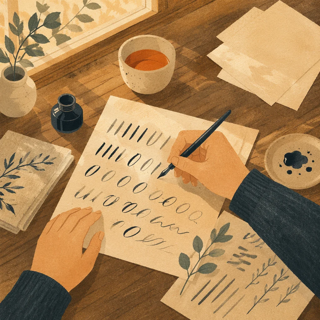 Quiet Calligraphy Practice on Sunlit Table