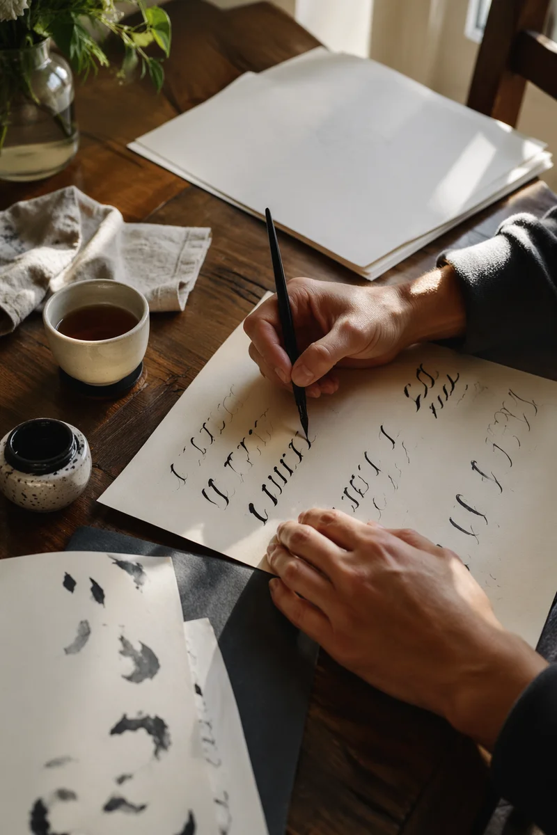 Sunlit Calligraphy Practice With Ink Pen