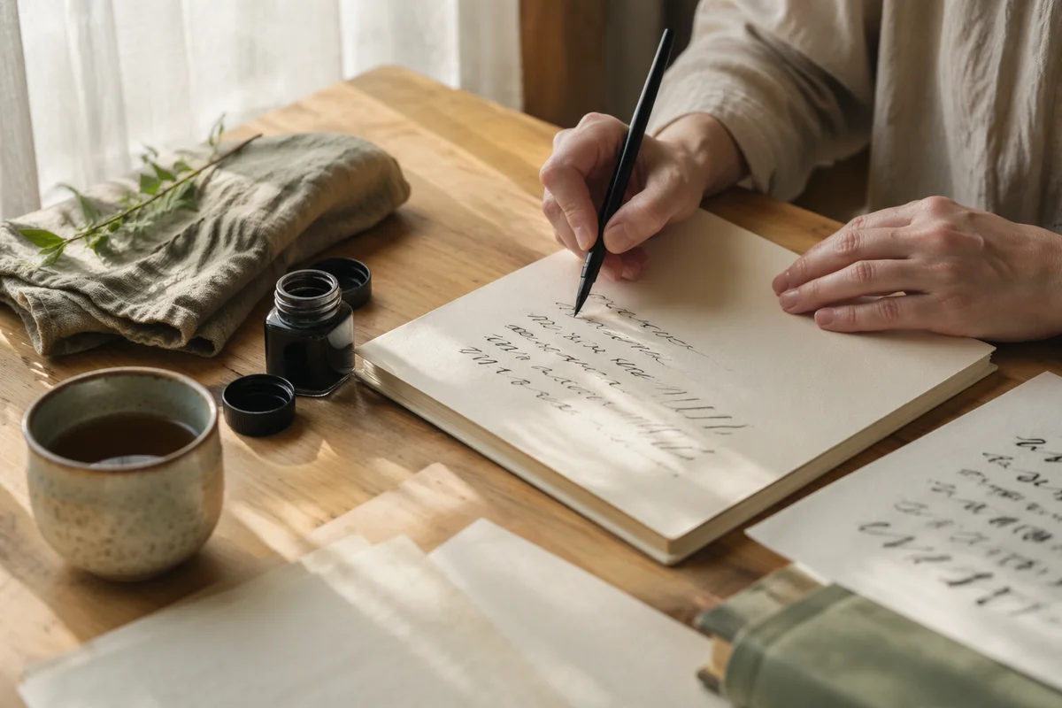 Sunlit Calligraphy Practice with Ink Pen