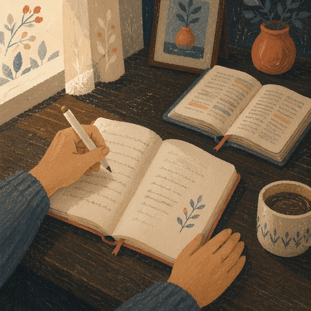 Prayer Journal Writing at Wooden Table