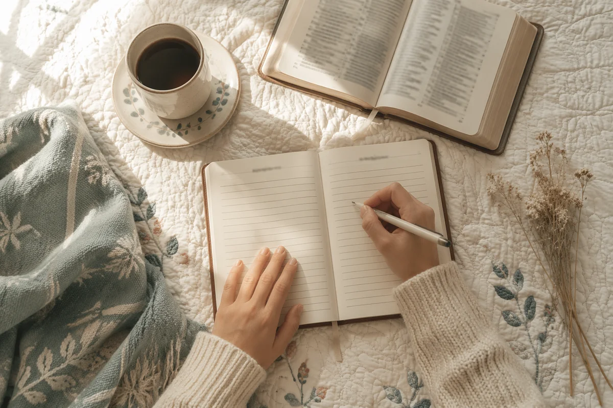 Morning Prayer Journaling on Quilted Bed