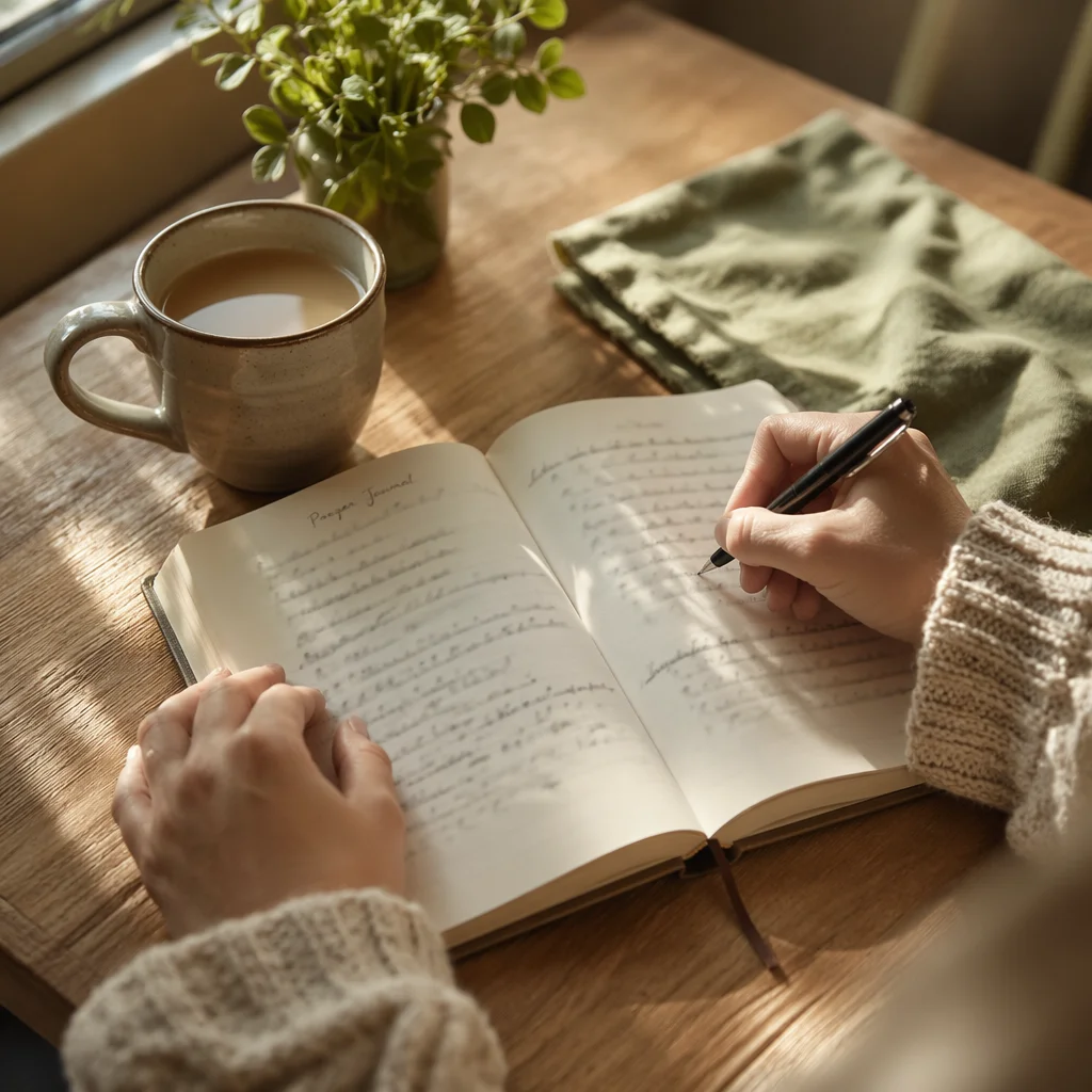 Hands Writing in Prayer Journal Morning