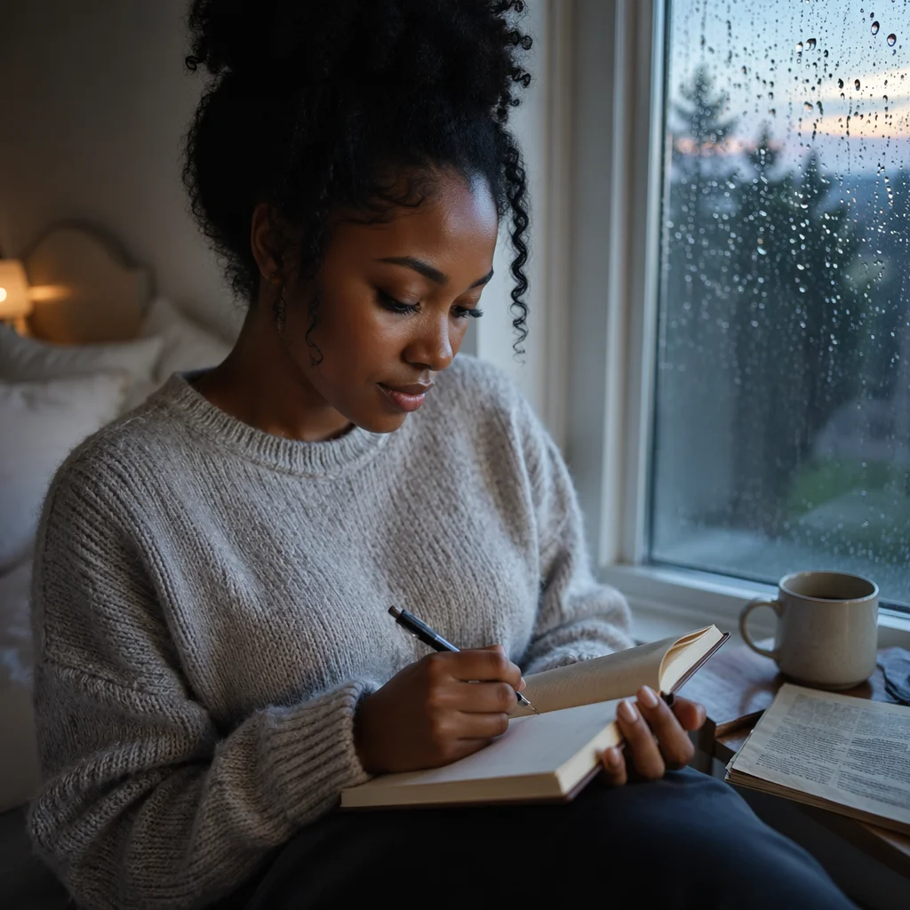 Woman Writing Journal by Rainy Window