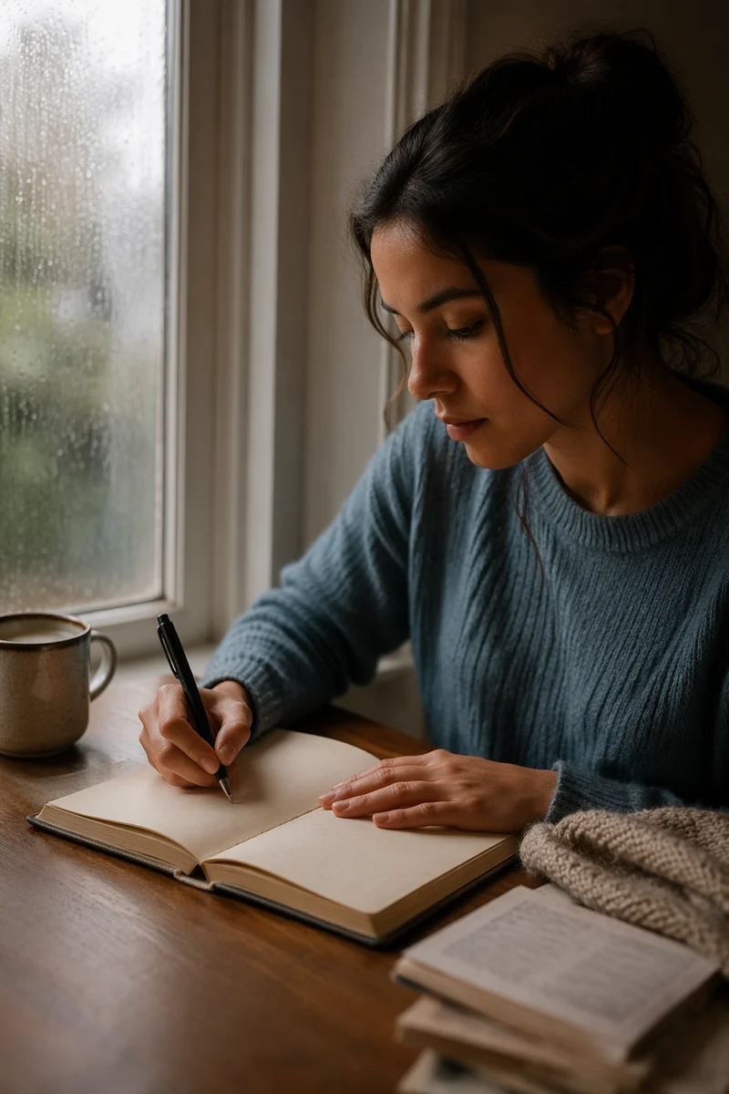 Woman Writing in Prayer Journal by Window