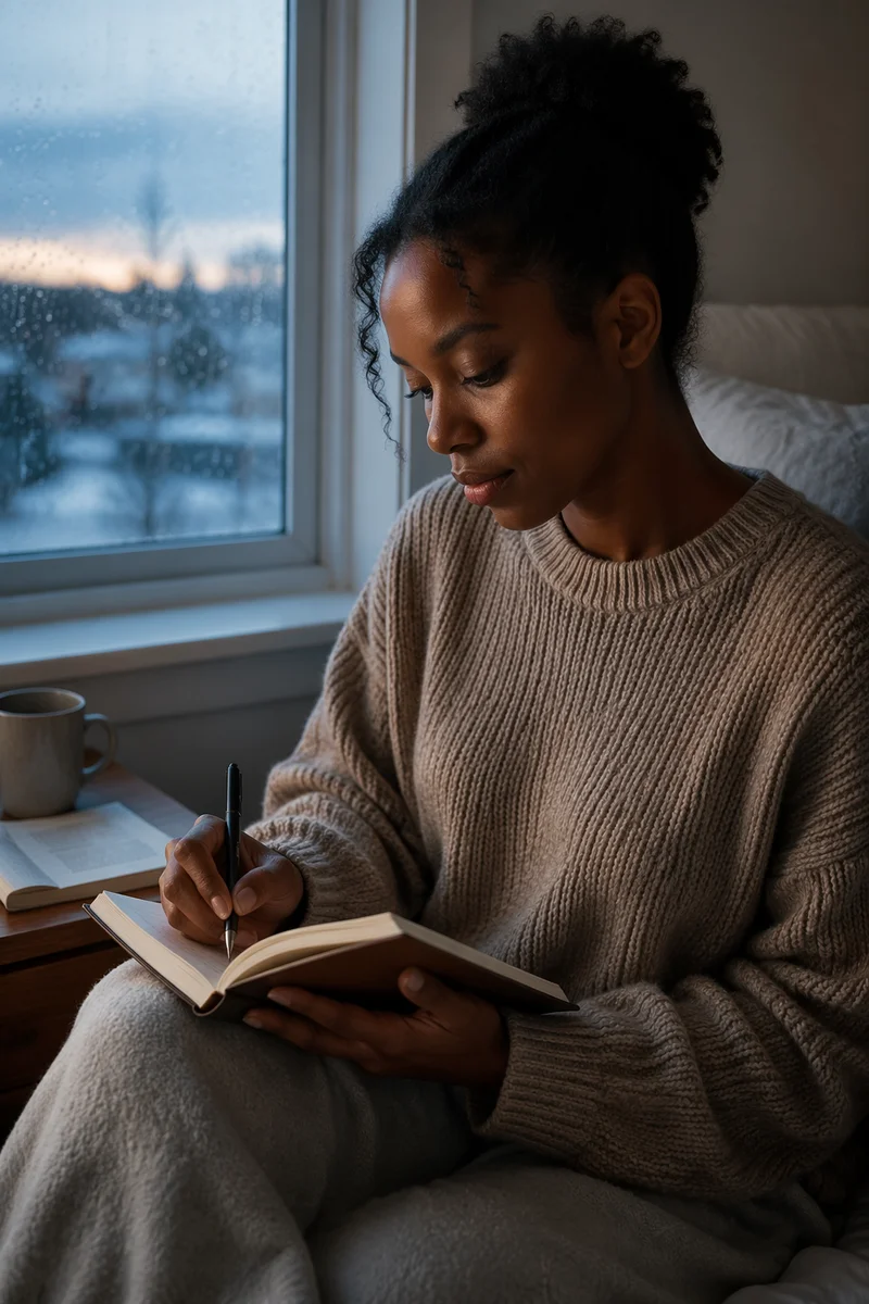Young Woman Writing by Rainy Window