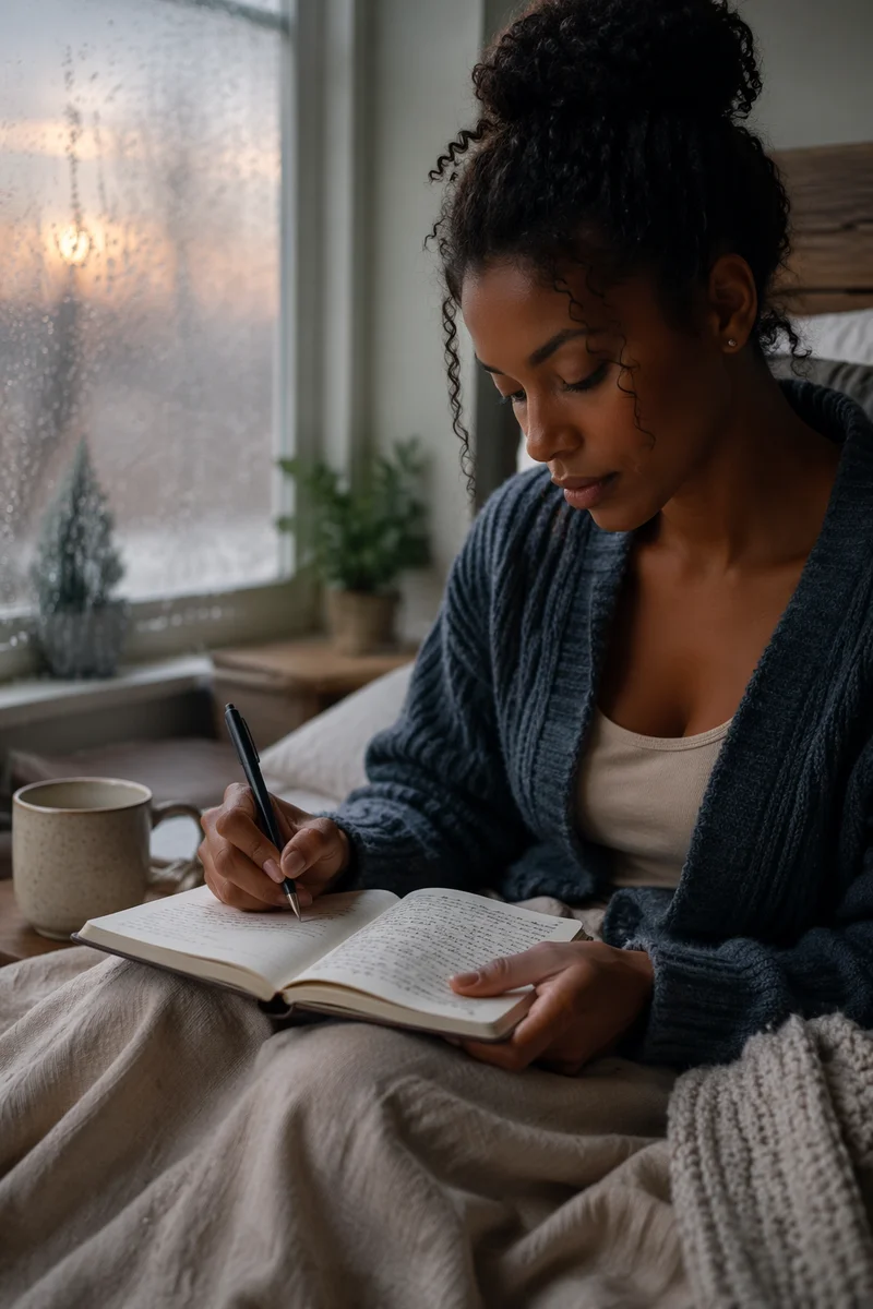 Young Woman Writing by Rainy Window