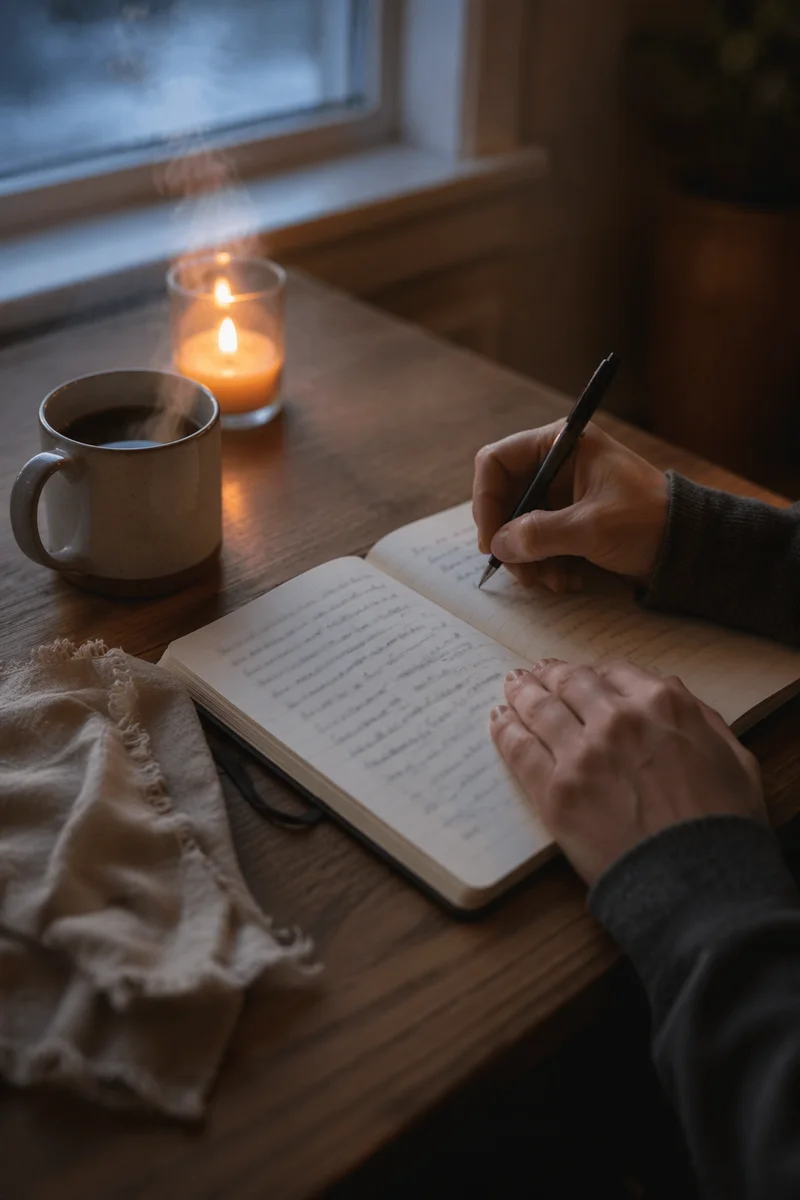 Morning Prayer Journal at Candlelit Kitchen Table