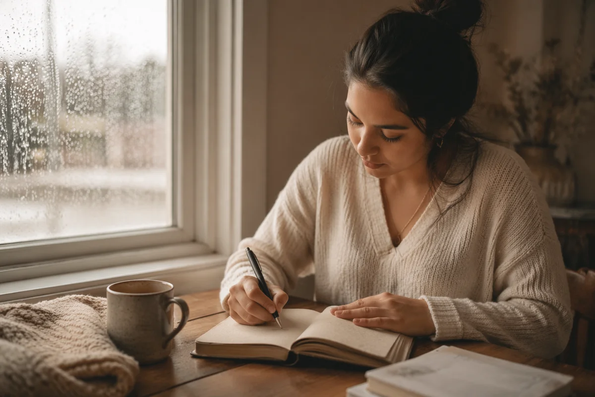 Woman Writing by Rainy Window