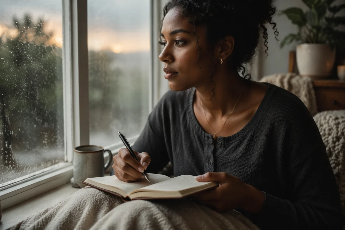 Woman Writing by Rainy Bedroom Window