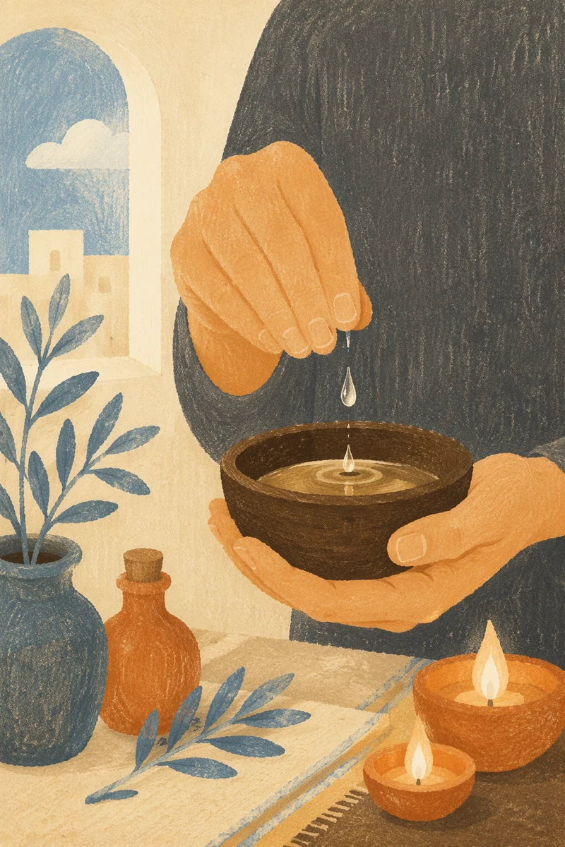 Hands Preparing Anointing Oil for Prayer