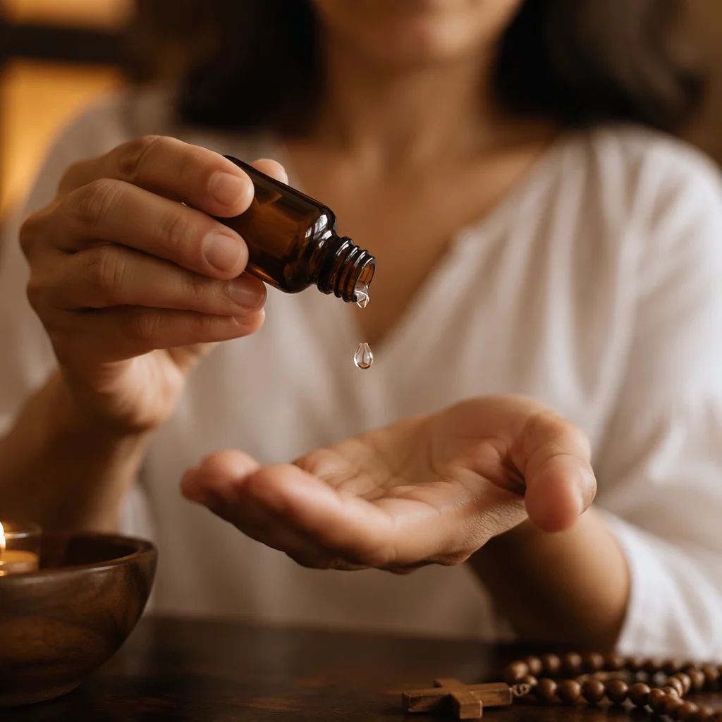Hands Anointing With Oil in Quiet Prayer