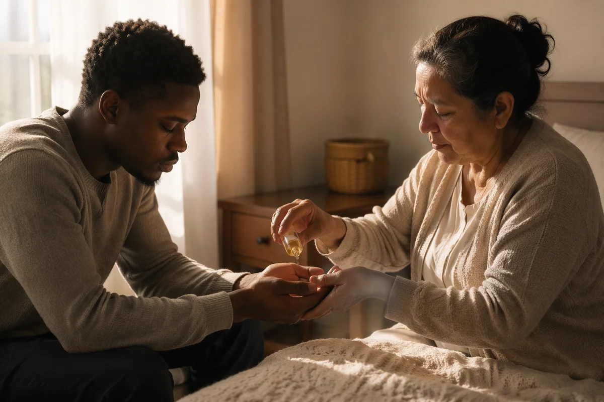 Woman Anointing Hands in Sunlit Bedroom