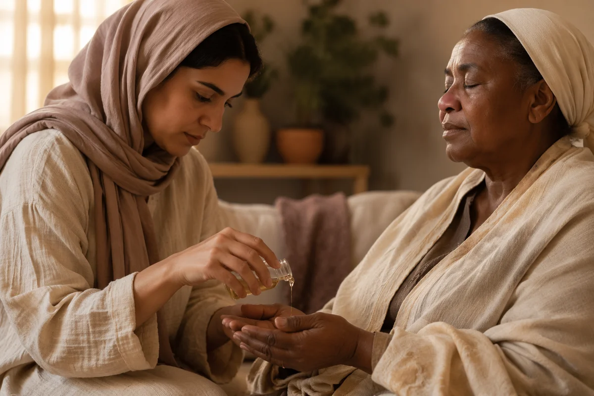 Woman Anointing Hands in Quiet Prayer