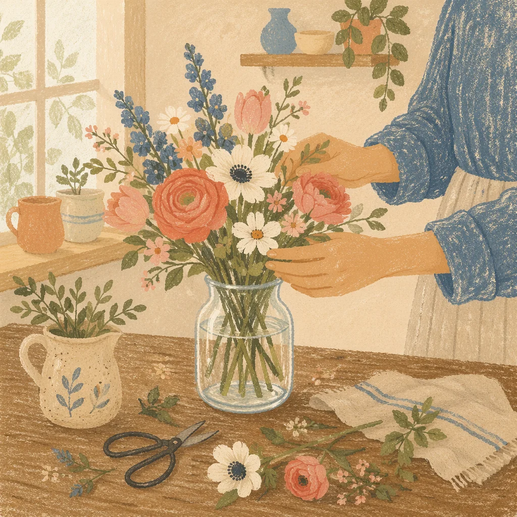 Hands Arranging Seasonal Flowers in Glass Vase