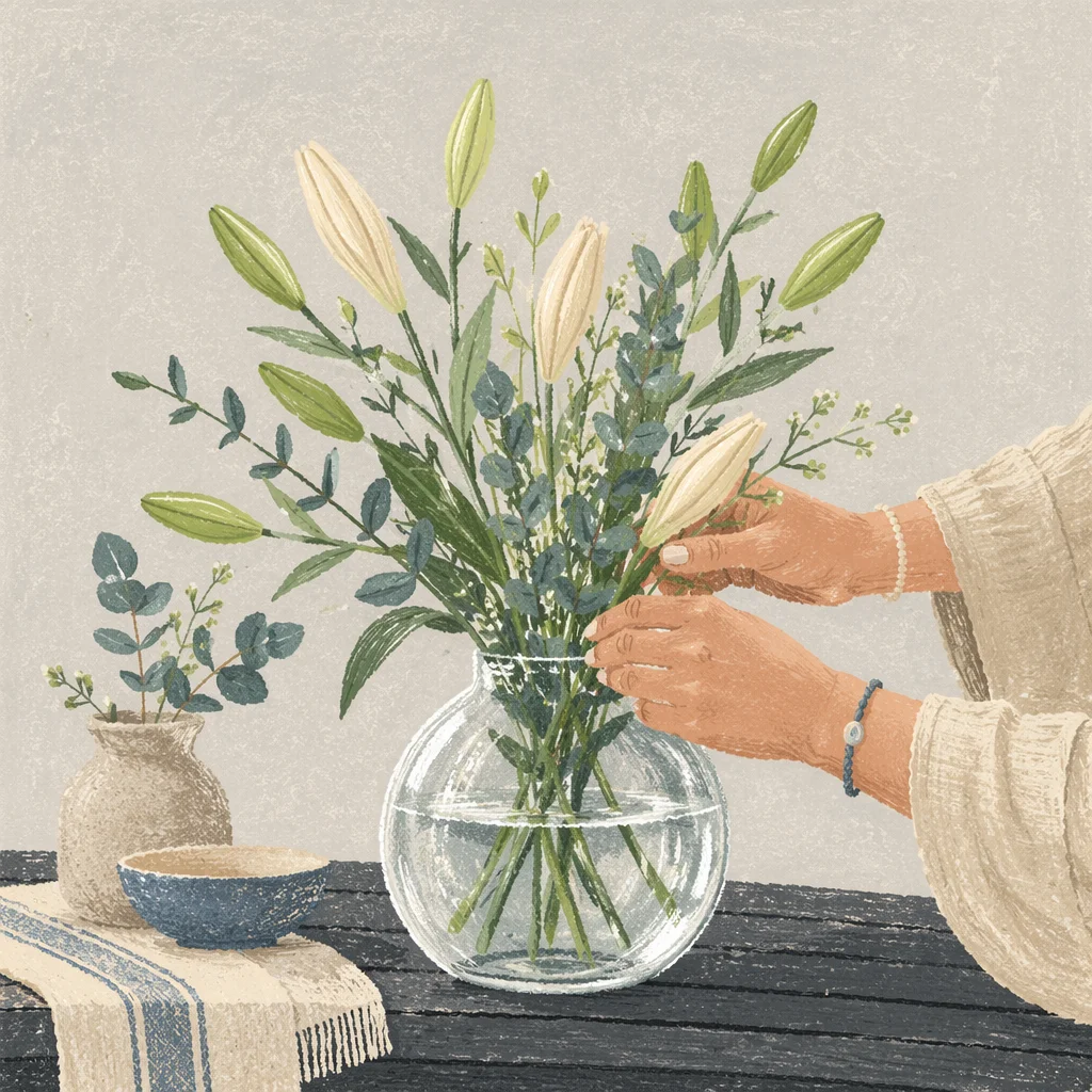 Hands Arranging Ivory Flowers in Glass Vase