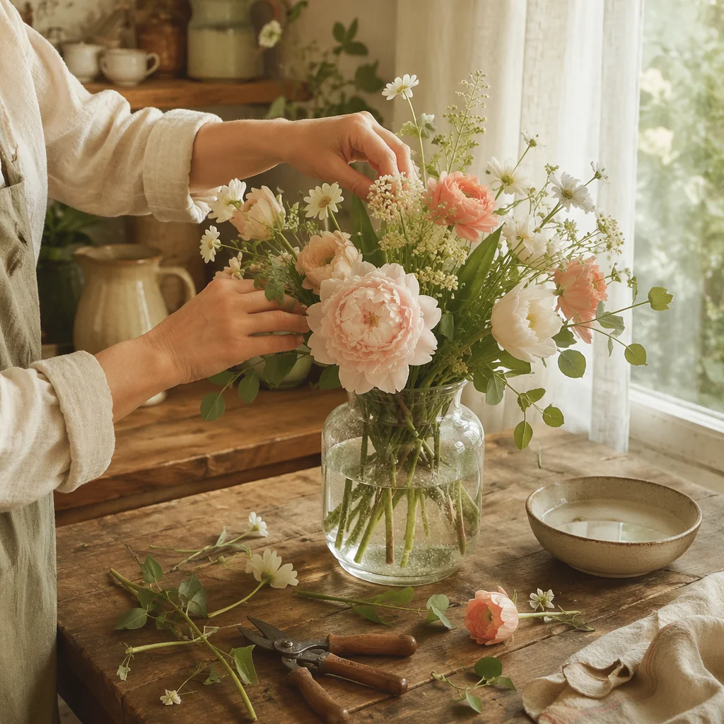 Hands Arranging Seasonal Flowers at Home