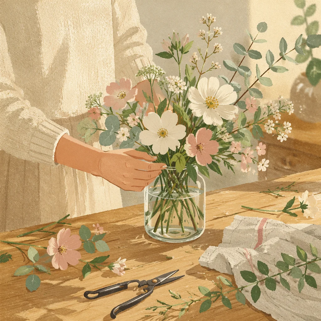 Hands Arranging Garden Flowers on Table