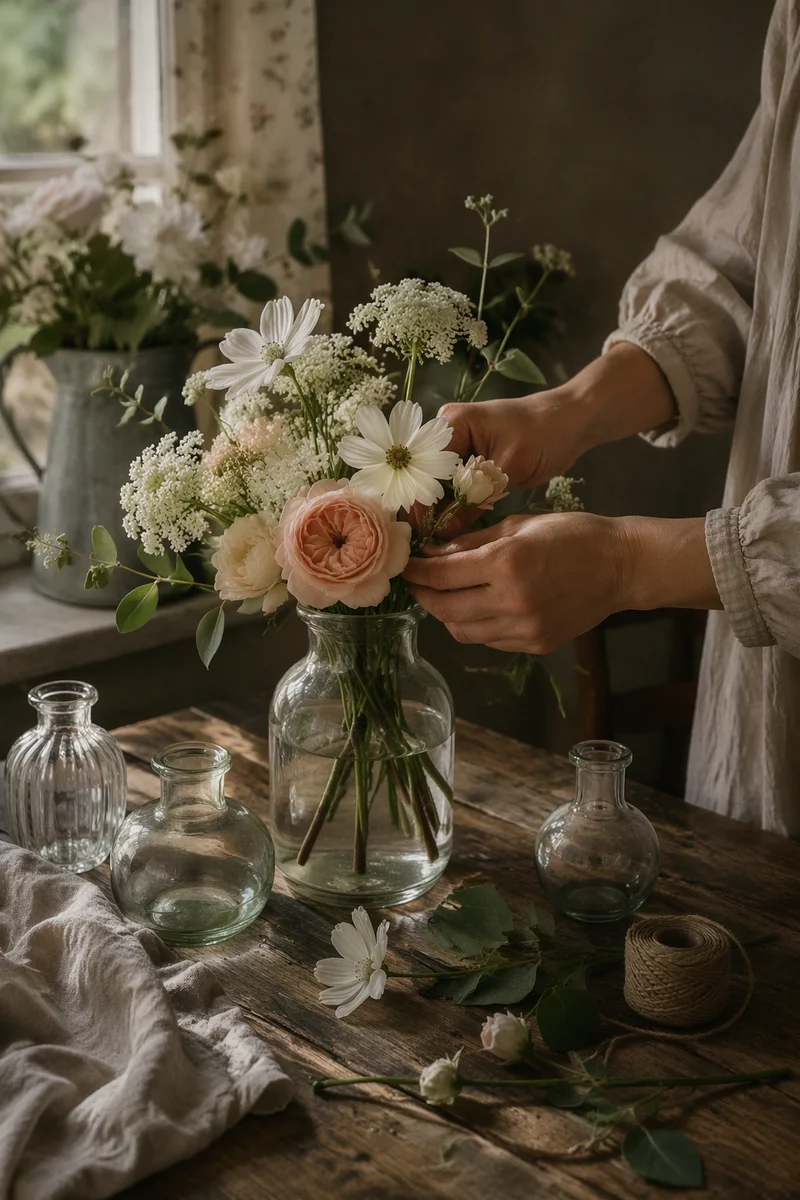 Hands Arranging Garden Flowers in Glass Vase