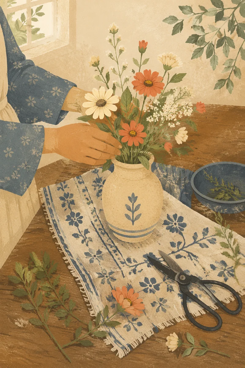 Hands Arranging Flowers in Ceramic Vase