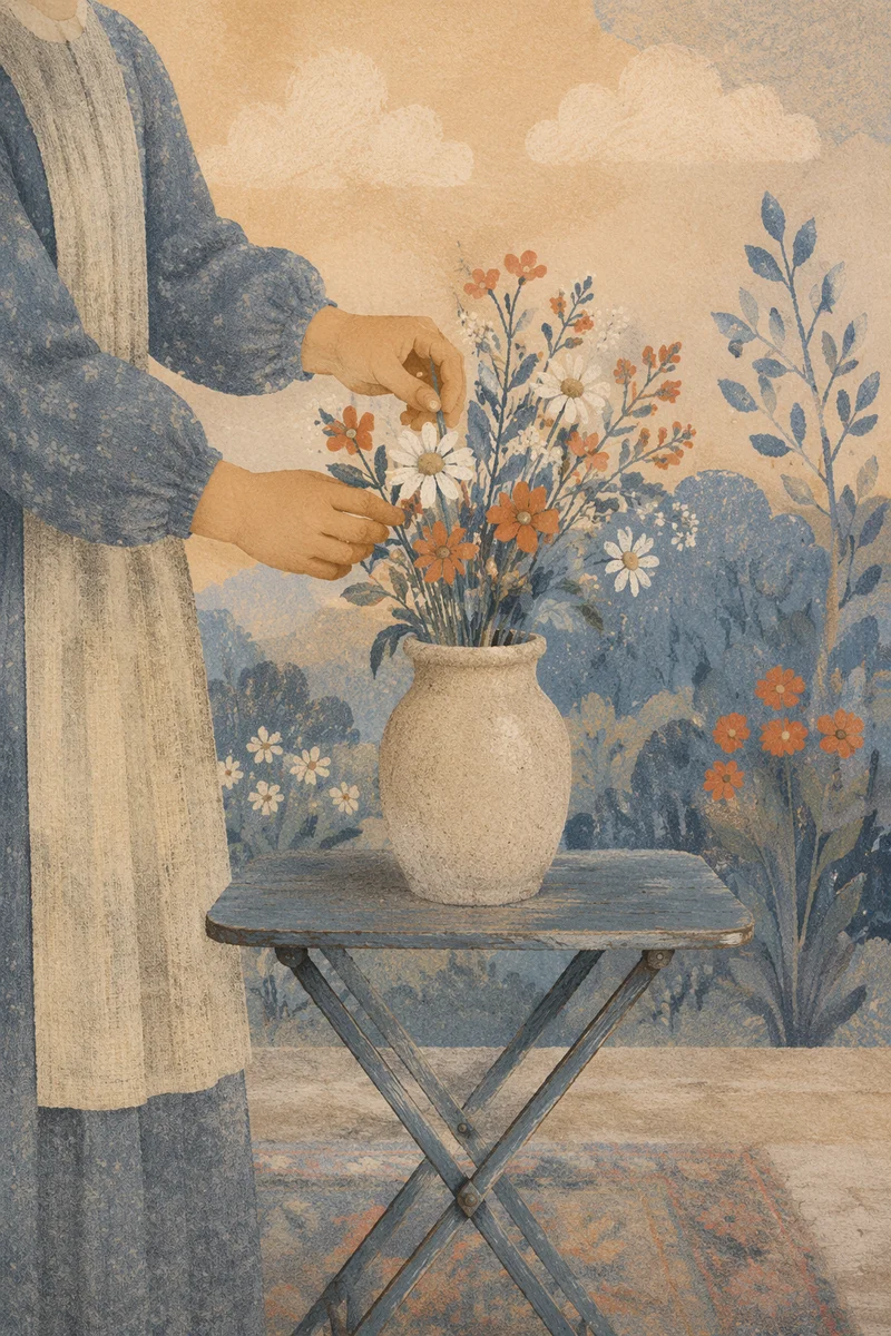 Hands Arranging Wildflowers in Vintage Vase