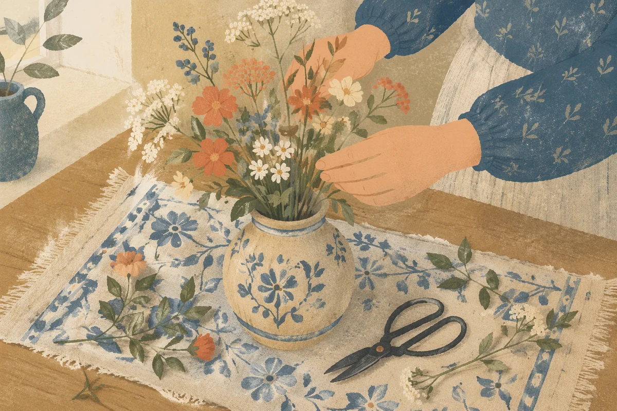 Hands Arranging Flowers in Ceramic Vase