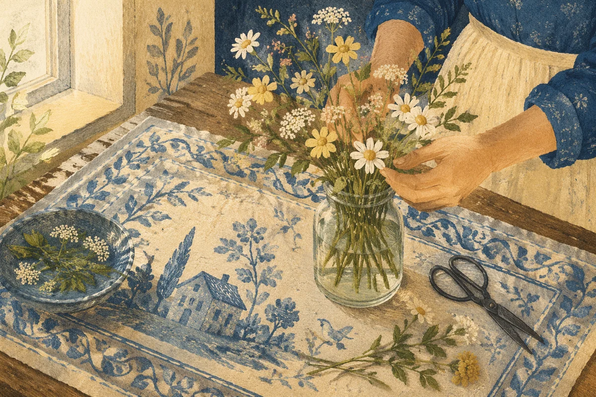 Hands Arranging Wildflowers in Glass Vase