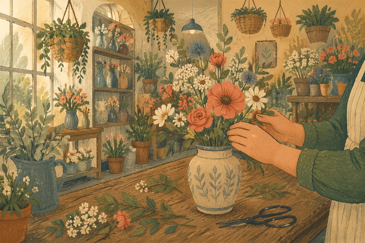 Hands Arranging Flowers in Cozy Vintage Shop
