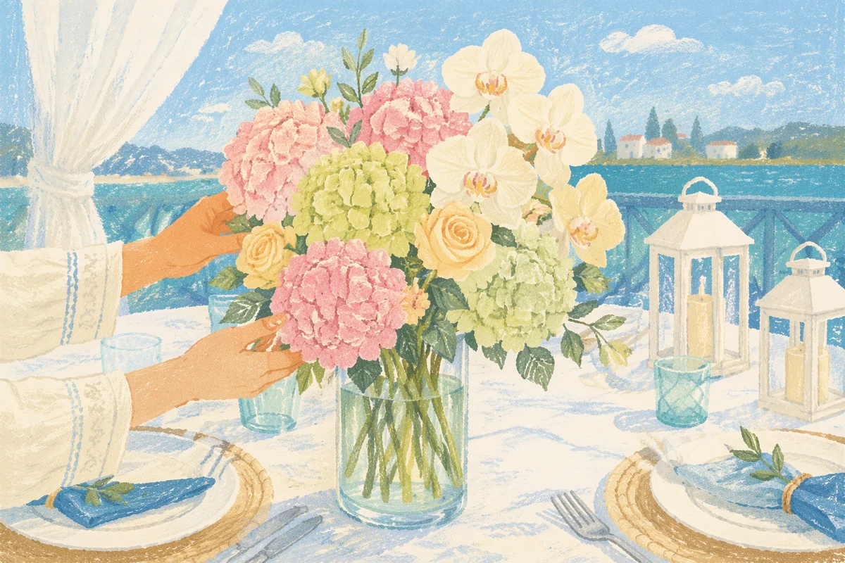Hands Arranging Pastel Flowers on Terrace