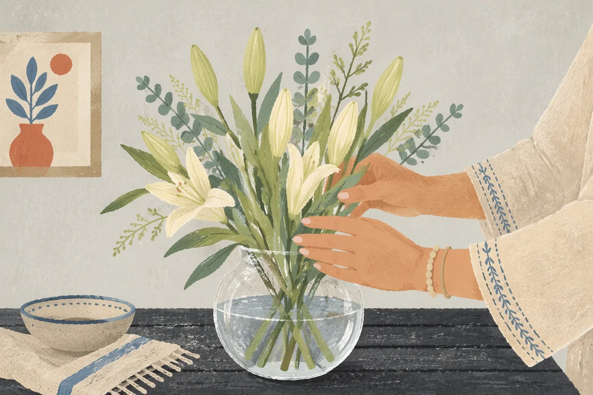 Hands Arranging Ivory Flowers in Glass Vase