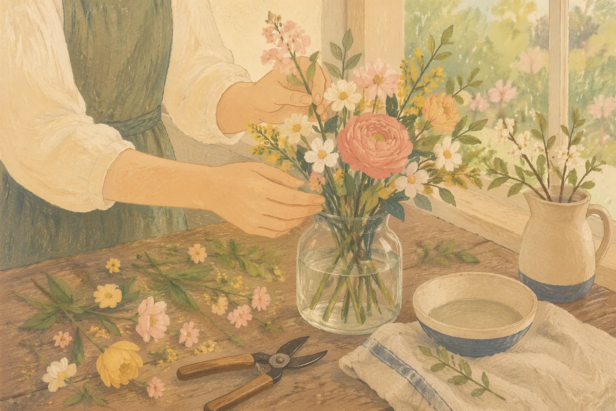 Hands Arranging Spring Flowers by Window