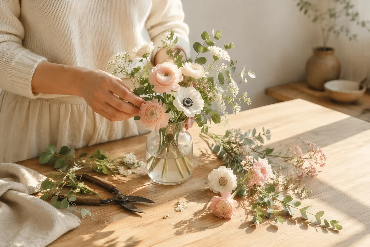 Hands Arranging Garden Flowers on Sunlit Table