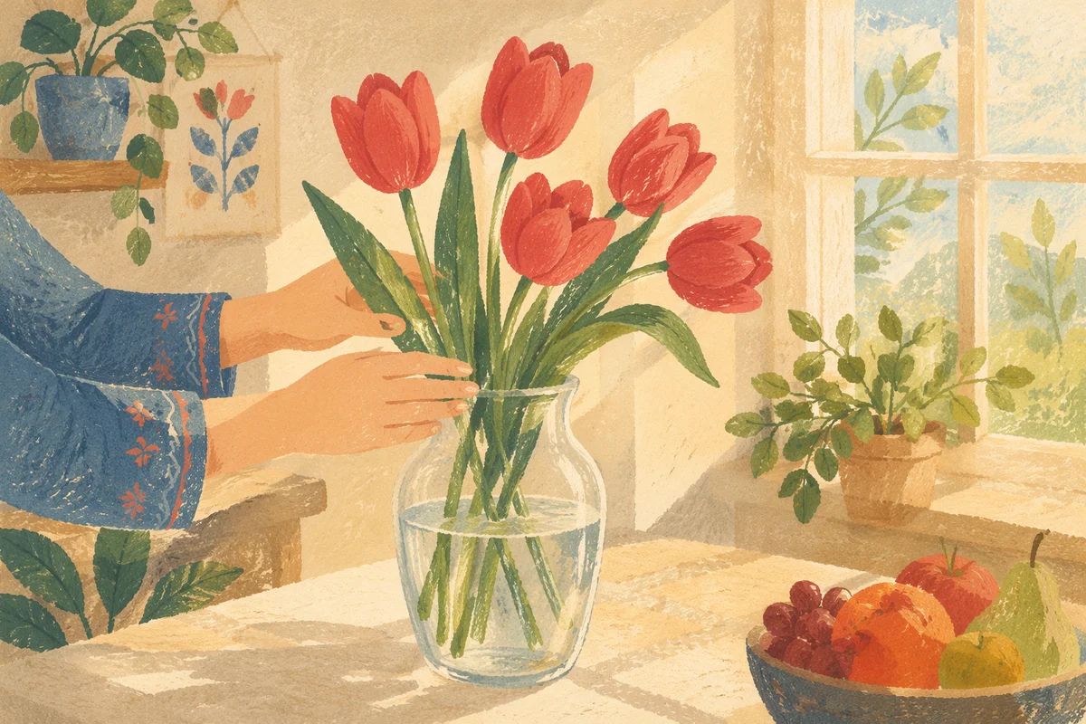 Hands Arranging Red Tulips in Vase