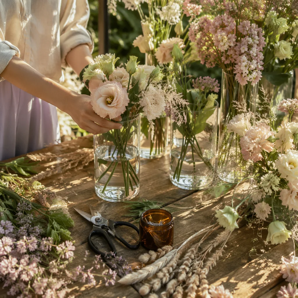 Hands Arranging Pastel Flowers on Garden Table