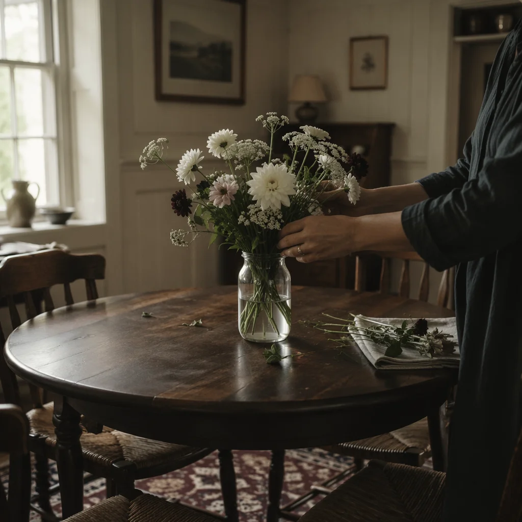 Hands Arranging Flowers in Vintage Dining Room