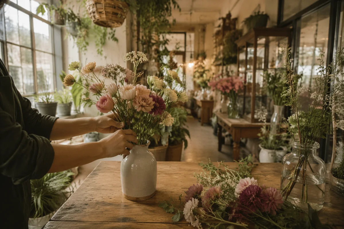 Hands Arranging Seasonal Flowers in Vintage Shop