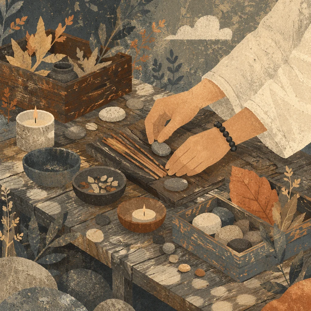 Hands Arranging Stones on Rustic Outdoor Altar