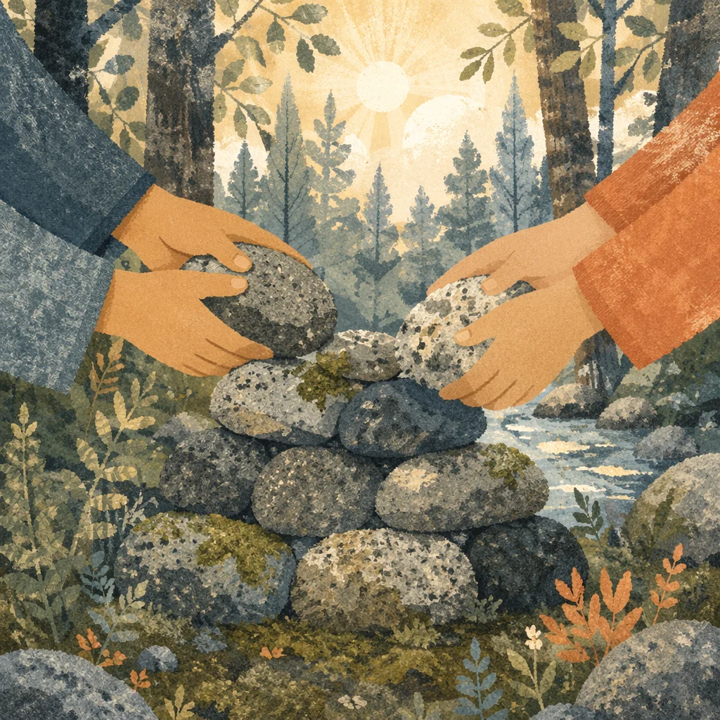 Hands Building Stone Altar by Stream