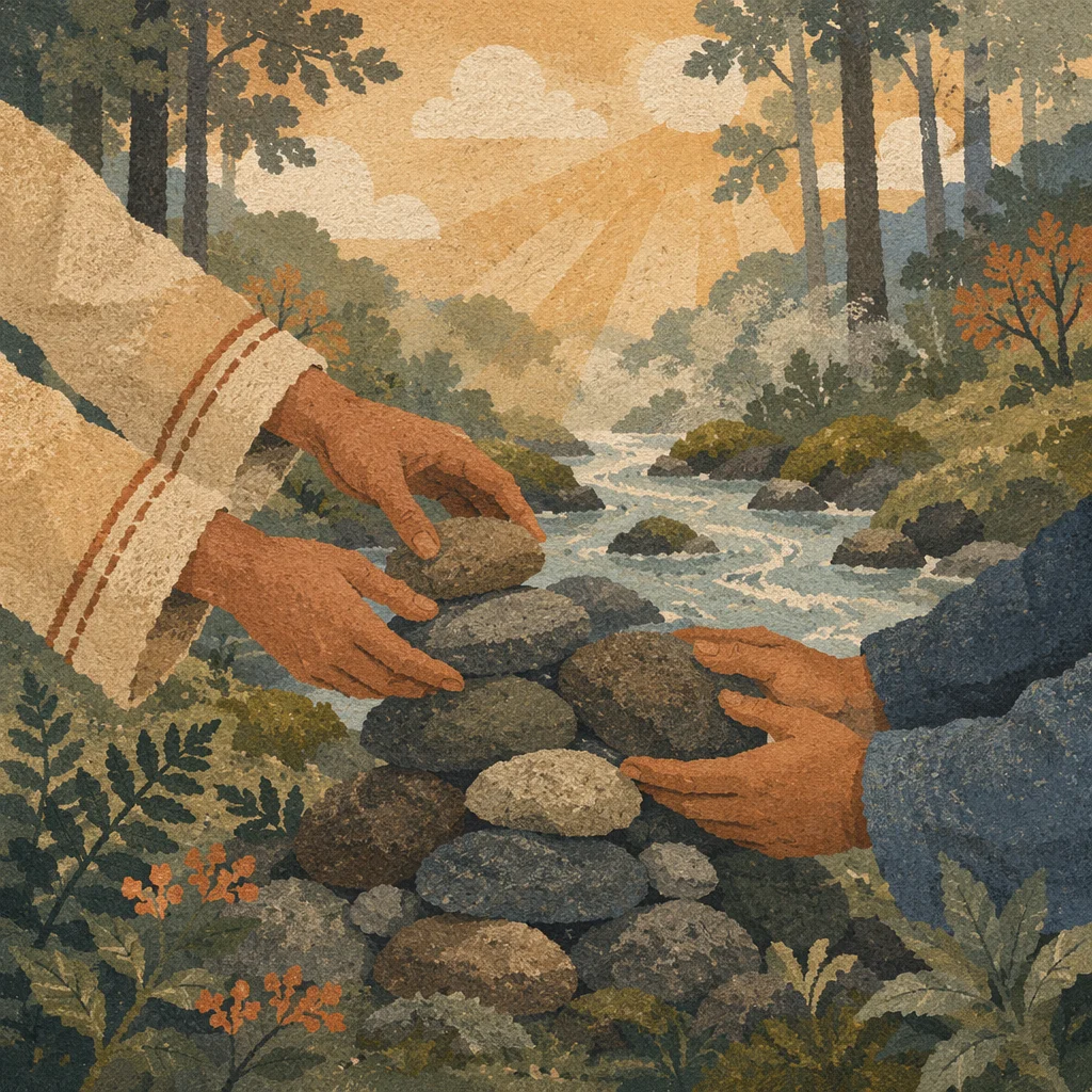 Hands Building a Woodland Stone Altar