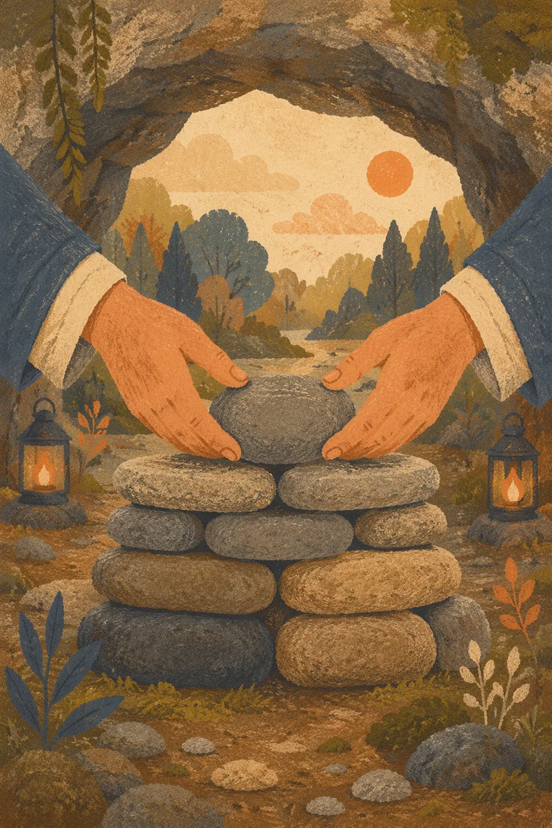 Hands Building a Woodland Stone Altar