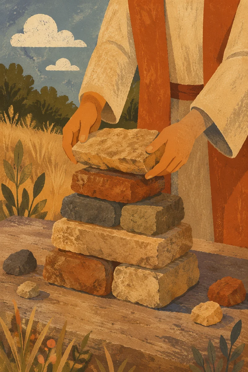 Hands Building a Stone Altar Outdoors